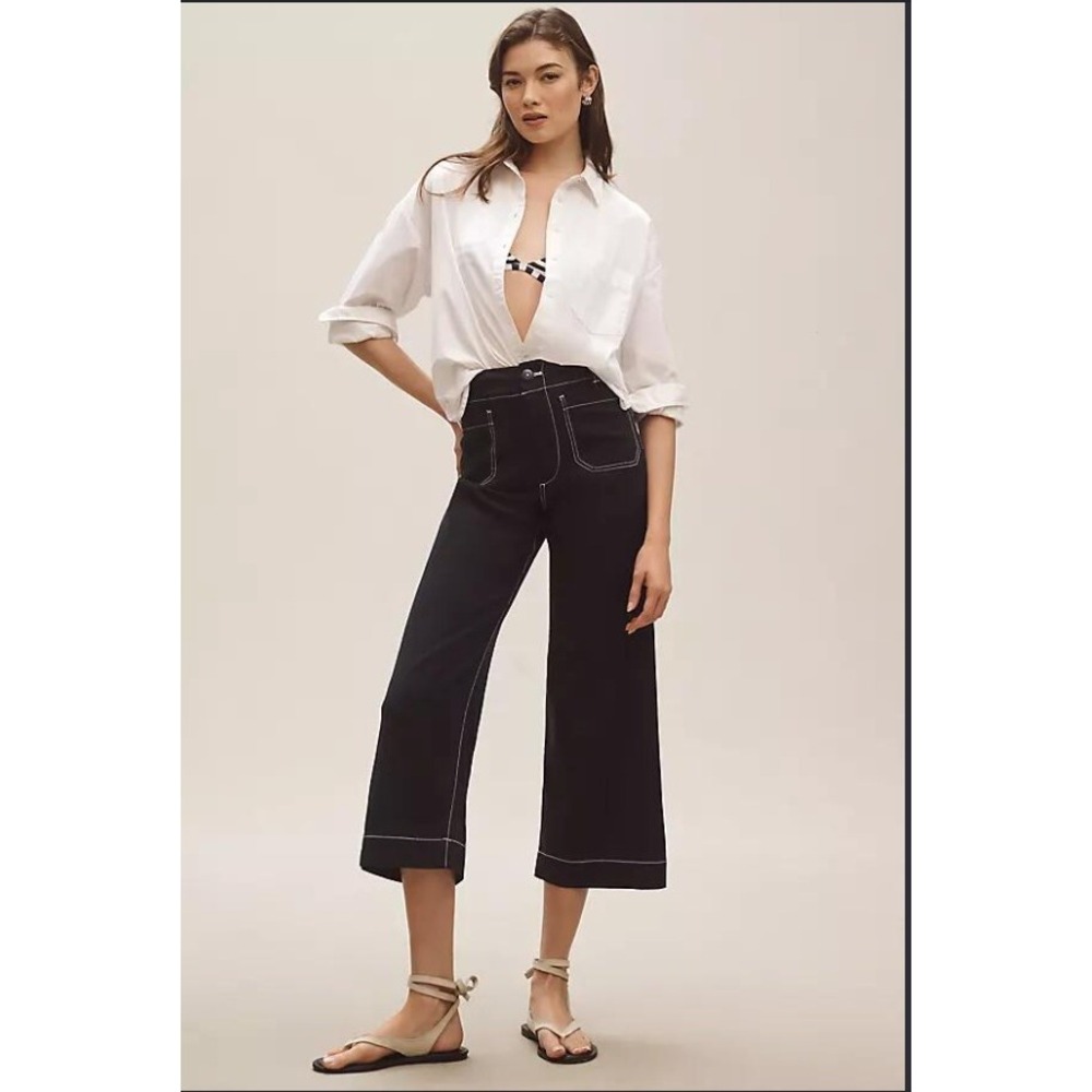 Maeve Anthropologie The Colette Black Contrast Stitch Wide Leg Pants Size 30